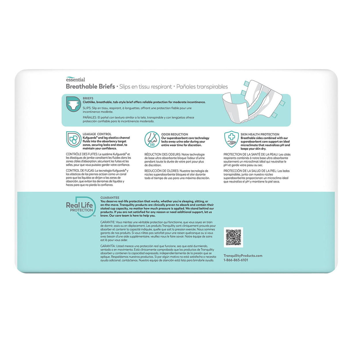 Back packaging of Tranquility Essential Breathable Briefs, Moderate by Tranquility, showcases incontinence, leakage, and odor protection plus skin health with illustrations and English, French, and Spanish text on a white and teal background.