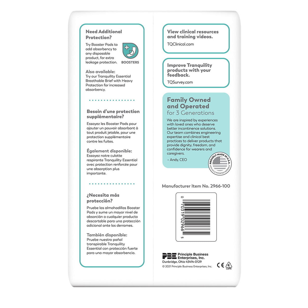 The back of the Tranquility Essential Breathable Briefs, Moderate package shows English, French, and Spanish text about booster pads and incontinence protection. Company info, a barcode, and the Tranquility logo appear at the bottom right.