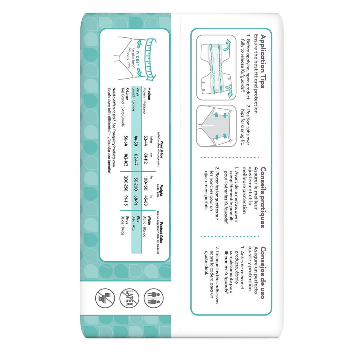 Back of a teal and white Tranquility Essential Breathable Briefs, Moderate package shows sizing chart, fit tips, and instructions in English/French. Bottom icons highlight dryness, absorbency, comfort, and incontinence protection. Brand: Tranquility.