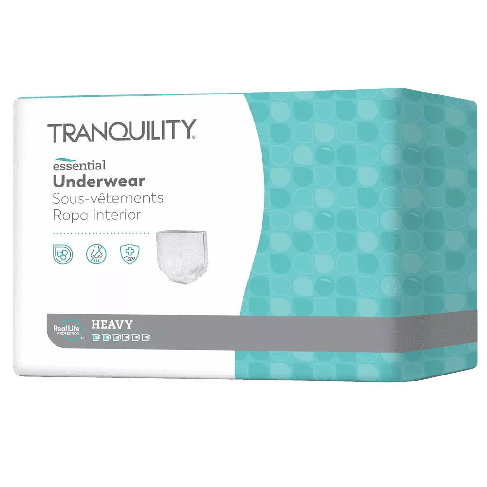 Tranquility Essential Pull On Underwear, Heavy by Tranquility features English, French, and Spanish text on teal and white packaging with icons highlighting key benefits for heavy incontinence.