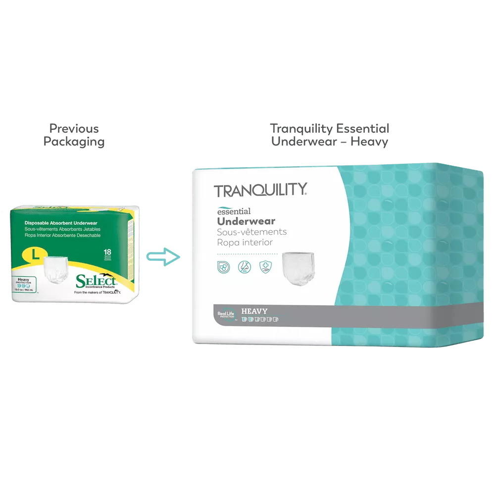 Side-by-side image showing the old packaging on the left and the new Tranquility Essential Pull On Underwear, Heavy on the right, with arrows indicating the change from previous Select Disposable Absorbent Underwear.
