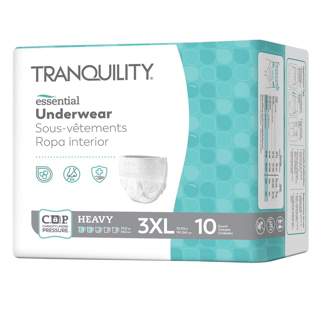 Tranquility Essential Pull On Underwear, Heavy, size 3XL—10 count. Teal and white package with icons, product name in three languages, and underwear image. Brand: Tranquility.