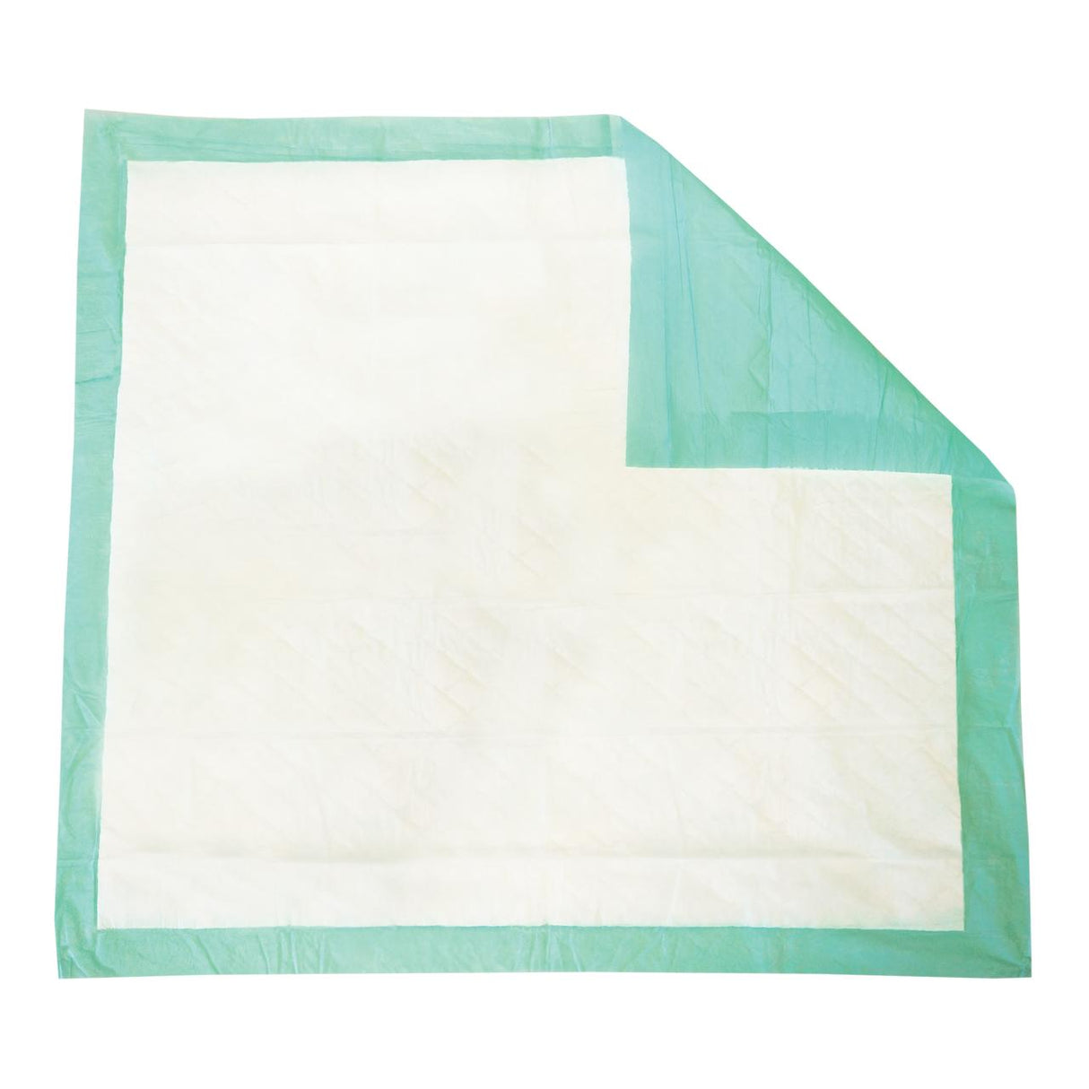 The Tranquility Essential Underpads, Moderate by Tranquility are shown laid flat in white and light green, featuring a cut-out corner for bed protection and incontinence care.