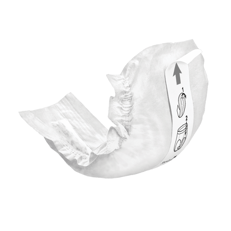 A single Tranquility Male Guard by Tranquility is shown partially open with an illustrated instruction label and arrow indicating secure placement for light absorbency and effective incontinence protection.
