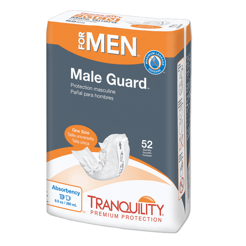 Tranquility Male Guards by Tranquility provide reliable light incontinence protection for men. The orange and white pack with blue details shows 52 pads per package.