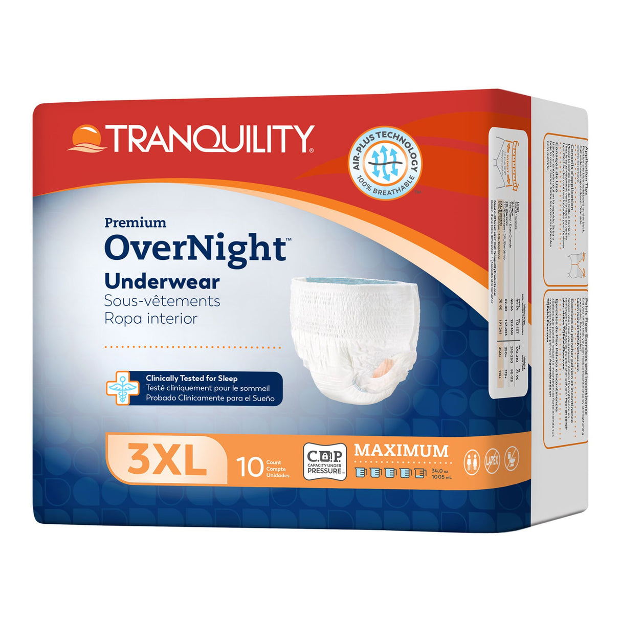 Tranquility Premium OverNight Disposable Absorbent Underwear by Tranquility, size 3XL, comes in a pack of 10 for adults with heavy urinary incontinence, offering maximum absorbency, odor control, and breathable comfort.