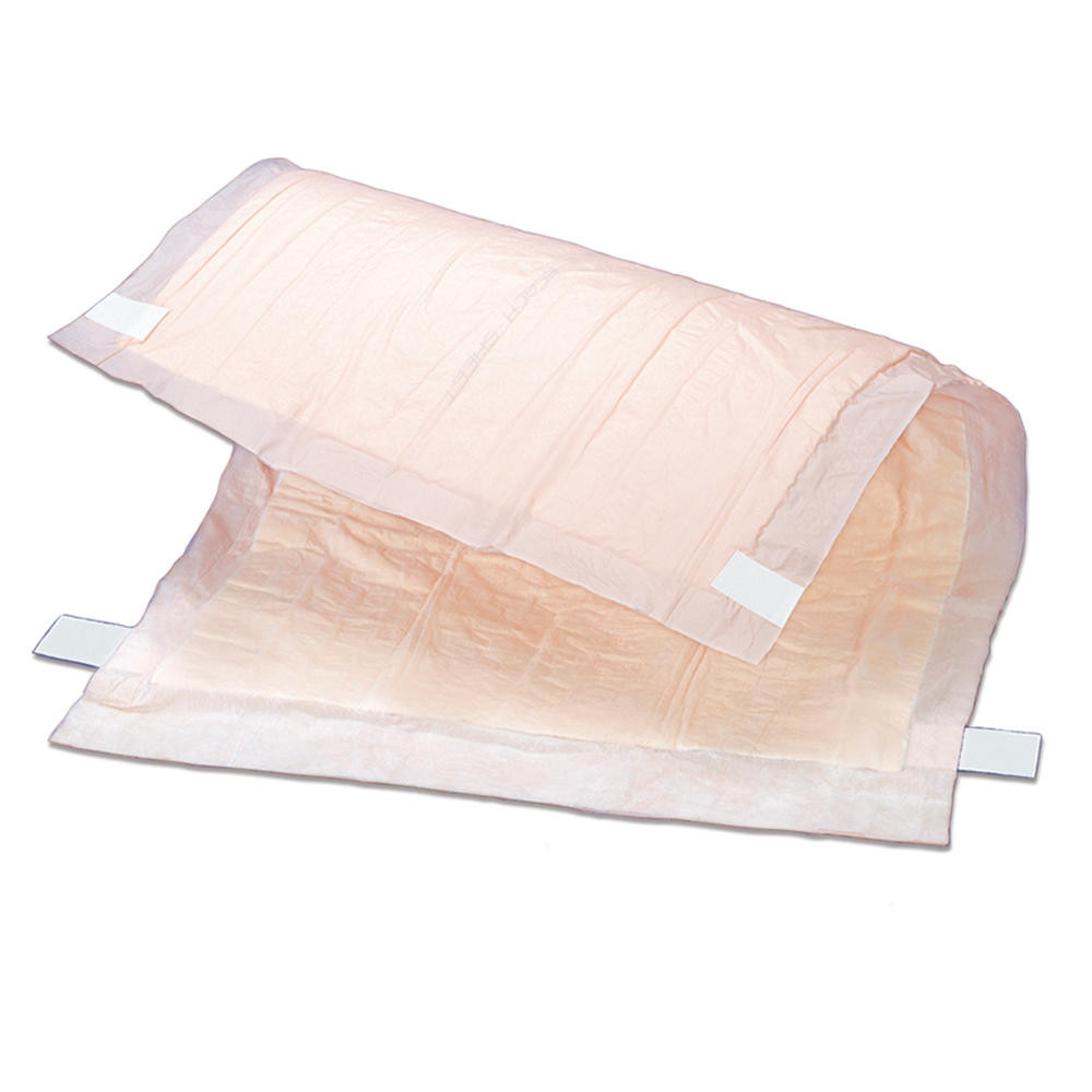 The Tranquility Heavy-Duty Peach Sheet Underpads by Tranquility feature a light peach color, absorbent layers, and side adhesive strips—perfect for incontinence or protecting surfaces.