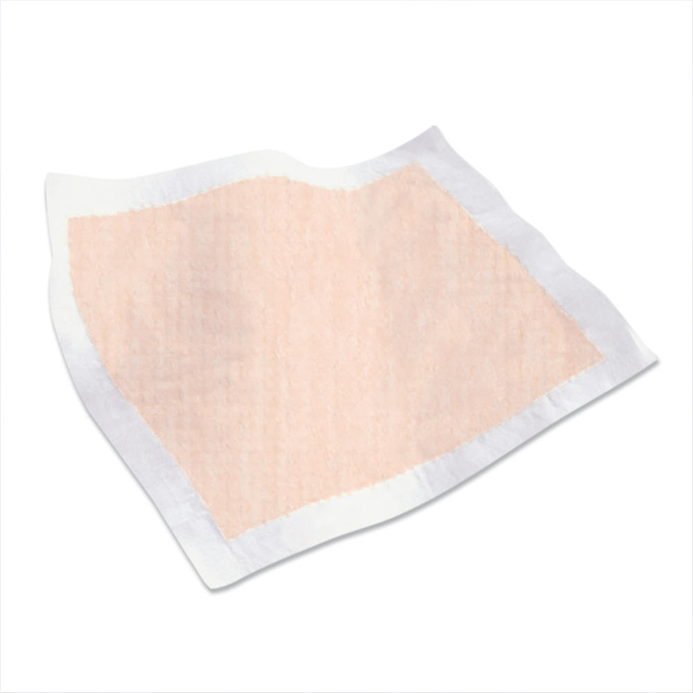 A rectangular medical adhesive bandage with a large, light pink absorbent pad and a white border, resembling the soft protection of Tranquility Heavy-Duty Peach Sheet Underpads by Tranquility, lies flat on a white background.