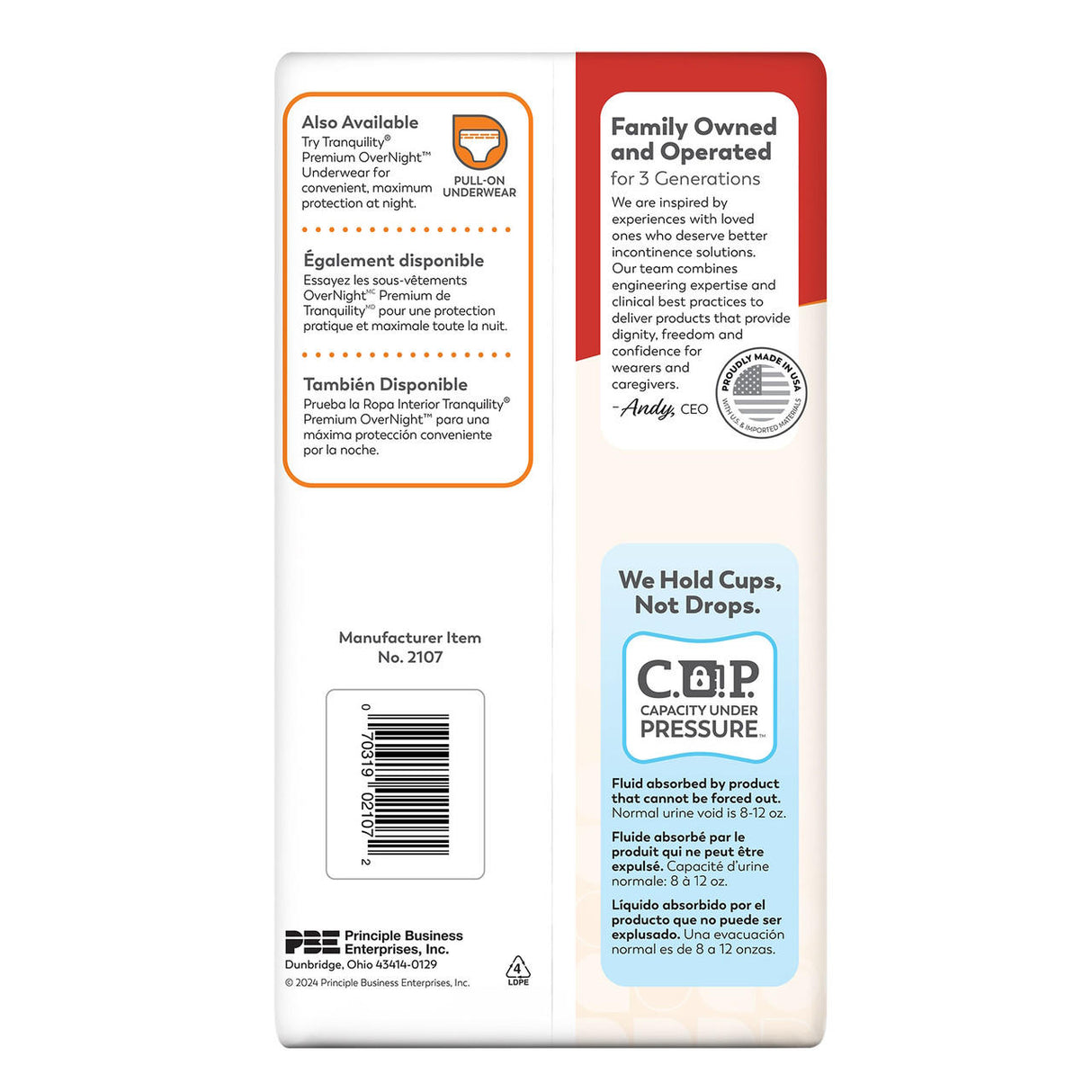 The package back displays product info, barcode, and details about the family-owned Tranquility brand. It highlights the C.A.P. (Capacity Under Pressure) feature for Tranquility Premium DayTime Disposable Absorbent Underwear, with info in French and Spanish.