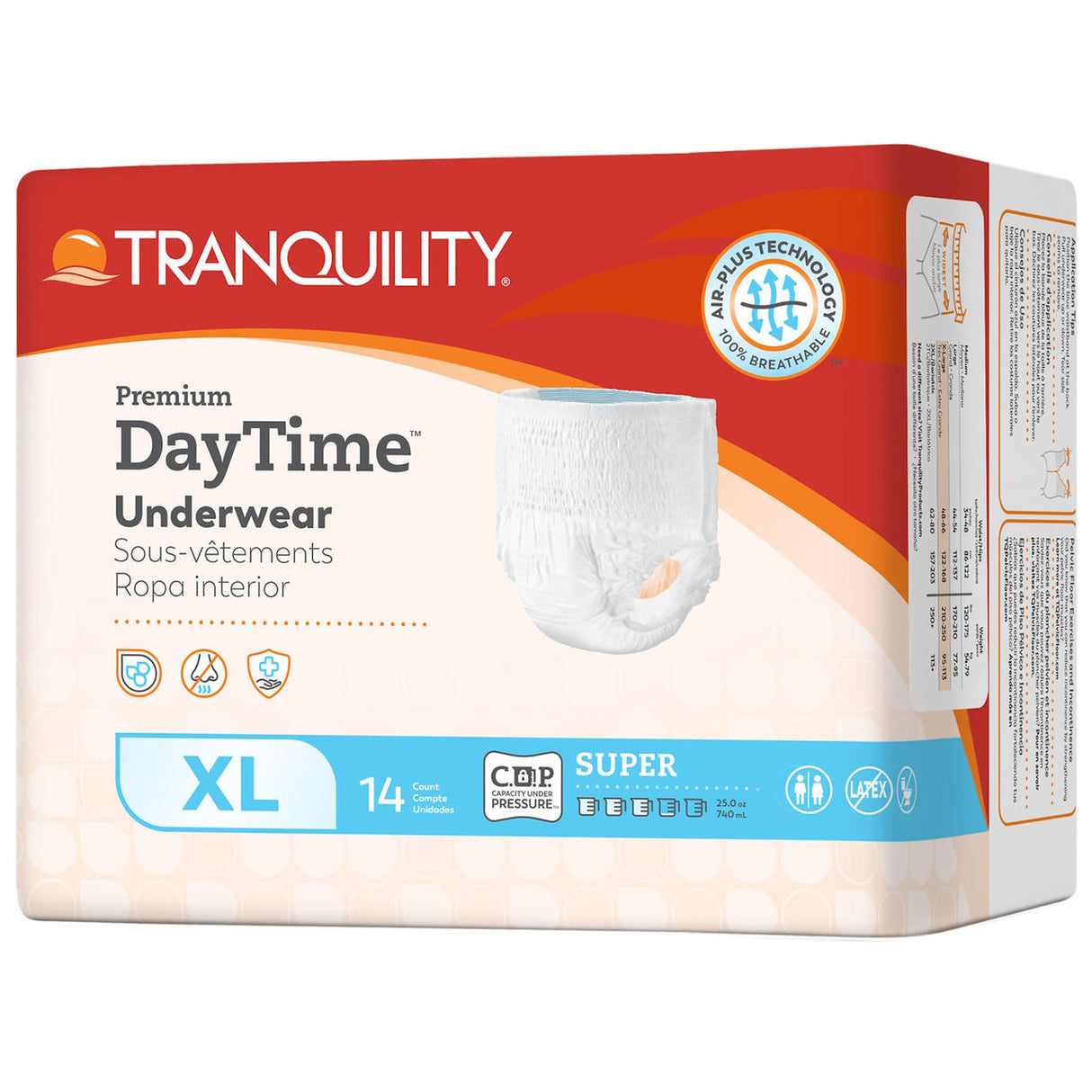 A 14-count package of Tranquility Premium DayTime Disposable Absorbent Underwear, size XL, featuring a white and red design with product details and an image of the underwear on the front. Brand: Tranquility.