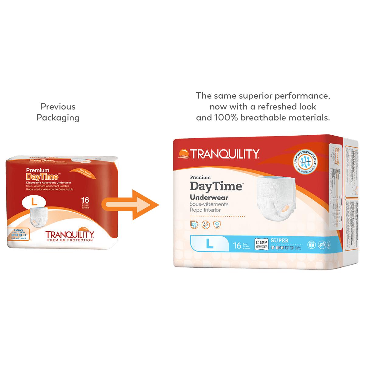 Side-by-side comparison of Tranquility Premium DayTime Disposable Absorbent Underwear packaging: old design (left), new design (right) with arrow highlighting updated look and improved materials from Tranquility.