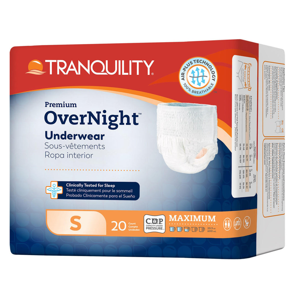 A 20-count pack of Tranquility Premium OverNight Disposable Absorbent Underwear, size small, offers maximum absorbency and breathability for heavy urinary incontinence; packaging includes English, French, and Spanish.