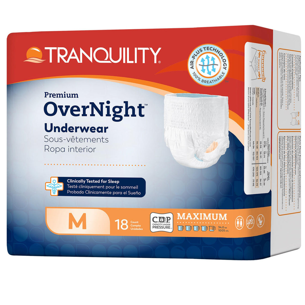 Tranquility Premium OverNight Disposable Absorbent Underwear, Medium, 18 count, provides maximum absorbency for heavy urinary incontinence. Comes in orange and blue packaging with info in English, French, and Spanish.