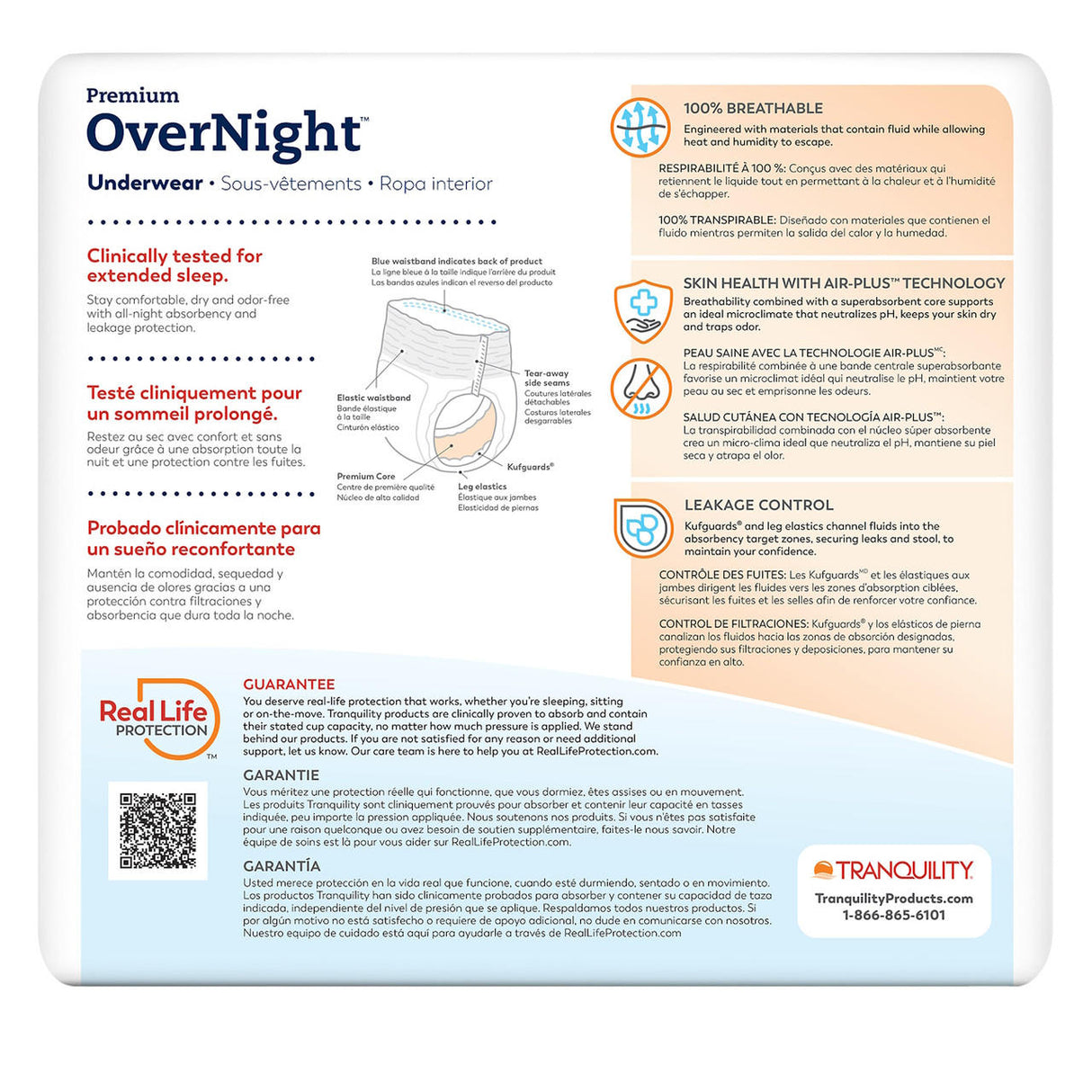 Back packaging of Tranquility Premium OverNight Disposable Absorbent Underwear by Tranquility, designed for heavy urinary incontinence with benefits like breathability, skin health, leakage control, and a guarantee—info in English, French, and Spanish.