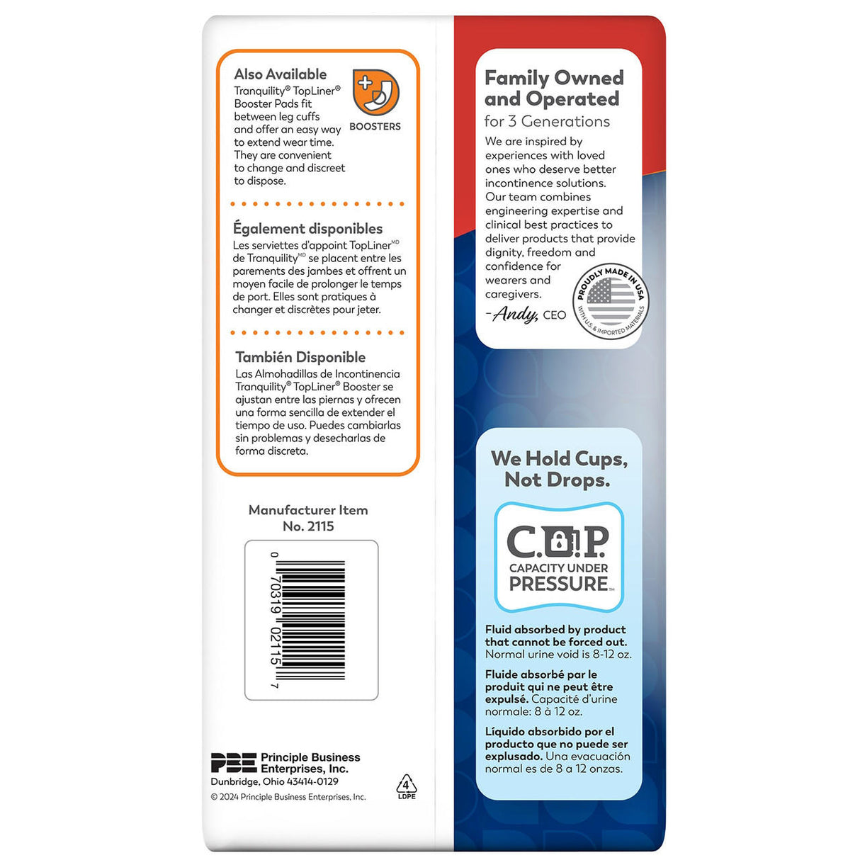 Back of Tranquility Premium OverNight Disposable Absorbent Underwear package highlights family ownership, features for heavy urinary incontinence, purchase info, logos, barcode, recycling symbol, and English/French/Spanish text in a blue and white design.