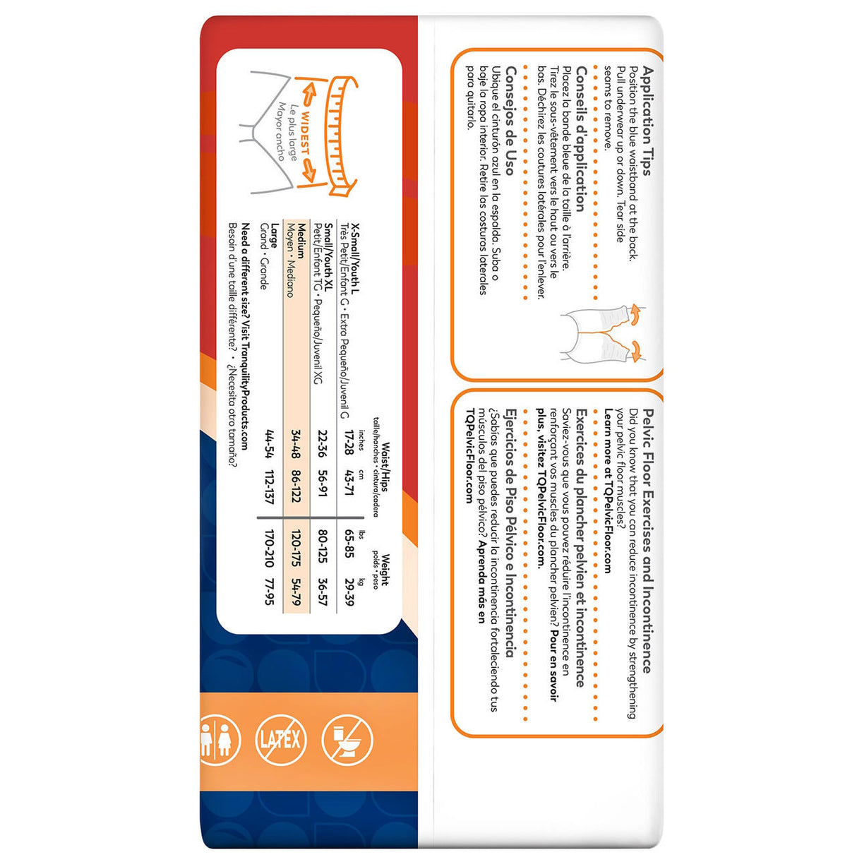 Back of package shows sizing chart for Tranquility Premium OverNight Disposable Absorbent Underwear by Tranquility, wearing instructions, latex-free icons, and application tips (English/Spanish). Diagram explains waist or hip measurement for heavy urinary incontinence.