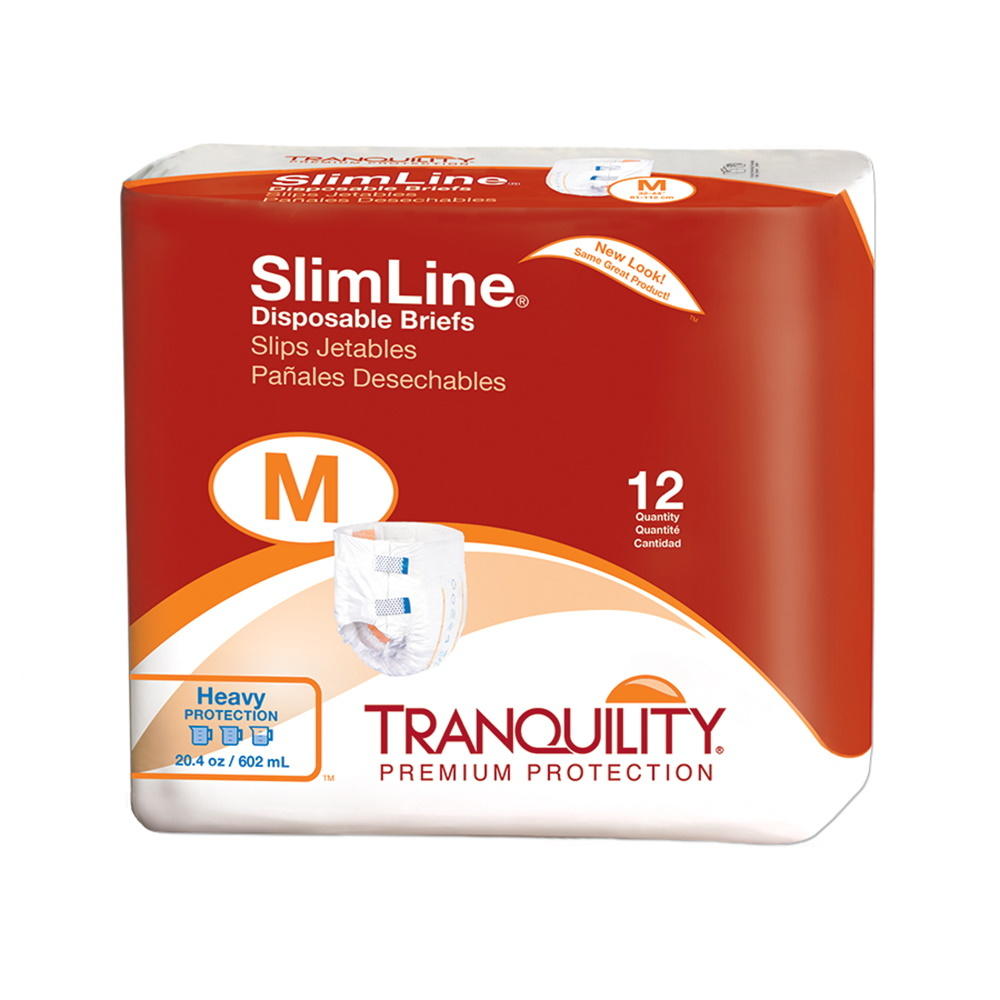 Tranquility SlimLine Disposable Adult Briefs, medium size, 12-count pack with moderate absorbency (20.4 oz/602 mL). Orange and white package features brief illustration. Brand: Tranquility.