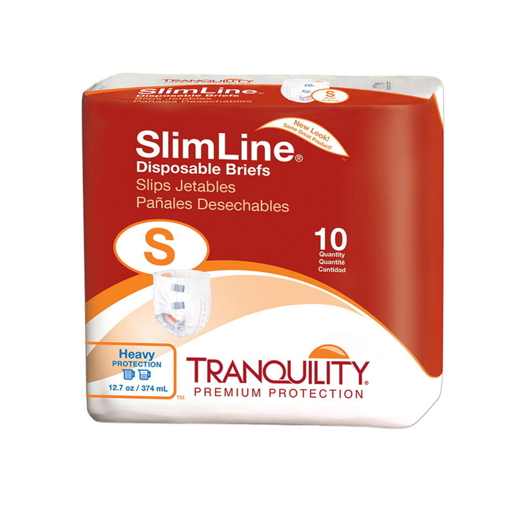 A 10-count package of Tranquility SlimLine Disposable Adult Briefs, size S, offers moderate absorbency and heavy protection, holding up to 12.7 oz (374 mL). The orange and white packaging features the Tranquility brand.