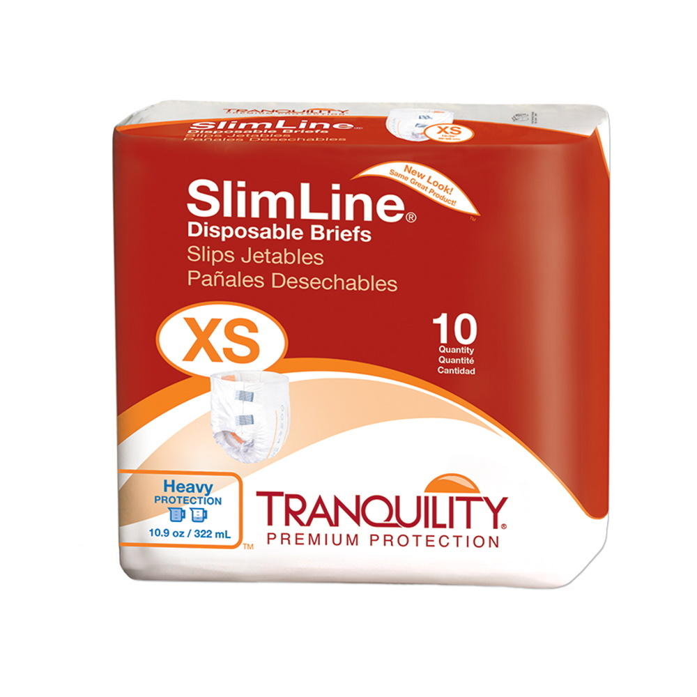 A pack of Tranquility SlimLine Disposable Adult Briefs, size XS, by Tranquility includes 10 briefs with moderate absorbency for heavy protection. Orange and white packaging has bilingual English, French, and Spanish text.