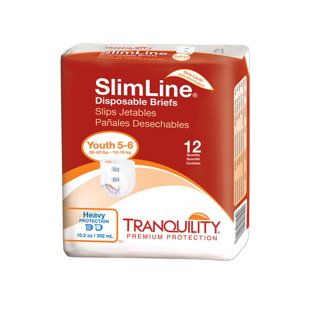 Package of Tranquility SlimLine Disposable Adult Briefs by Tranquility, size Youth 5-6 (28–42 lbs), moderate absorbency for heavy protection. Orange and white pack contains 12 briefs with English, French, and Spanish text.