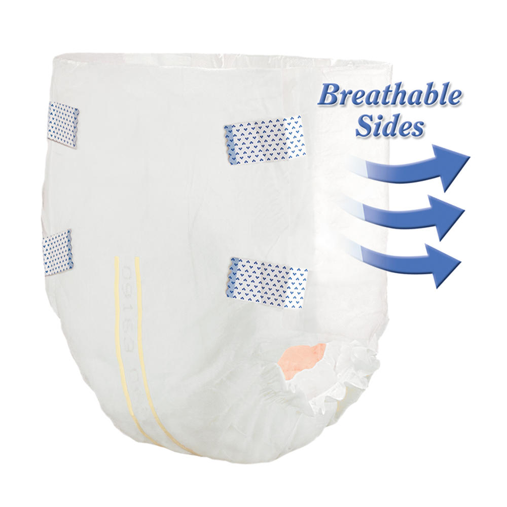 The Tranquility SmartCore Disposable Adult Briefs feature blue arrows with Breathable Sides for ventilation, blue patterned tabs, a yellow wetness indicator, and incontinence protection from the Tranquility brand.