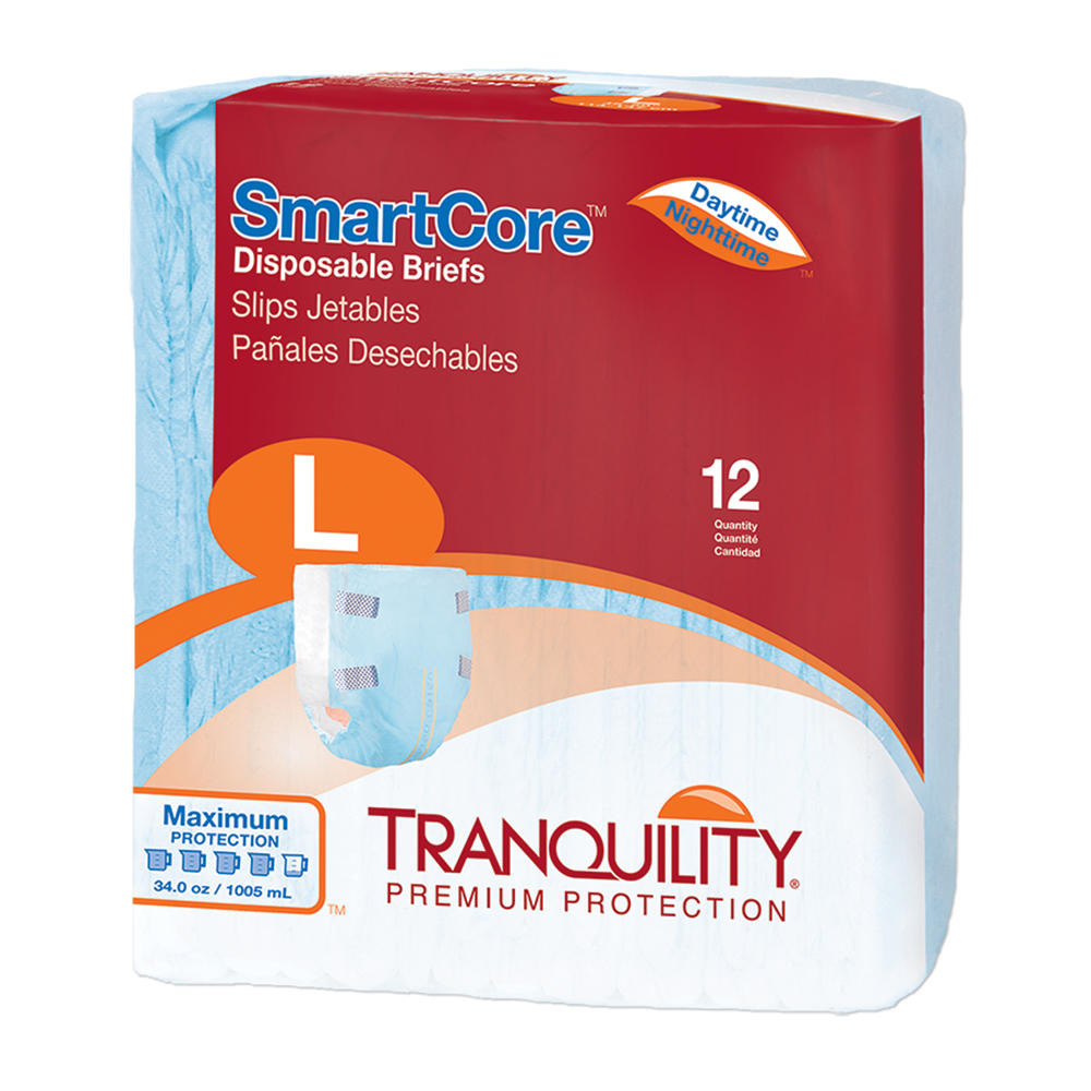 A pack of Tranquility SmartCore Disposable Adult Briefs, size large (12 count), features red, blue, and white packaging and offers maximum incontinence protection for both day and night use.
