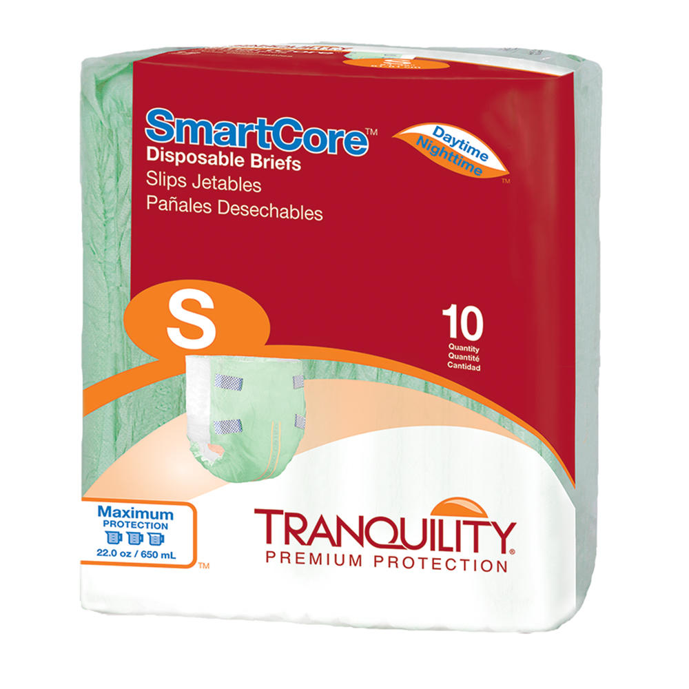 A package of Tranquility SmartCore Disposable Adult Briefs by Tranquility, size small, contains 10 briefs. Mainly white and orange with blue and yellow accents, it offers maximum incontinence protection day and night.