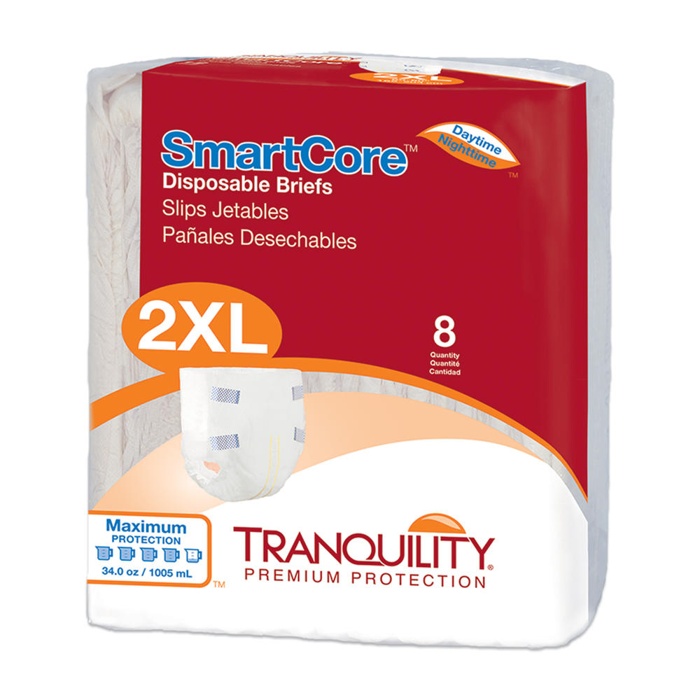 A pack of Tranquility SmartCore Disposable Adult Briefs by Tranquility contains 8 2XL briefs, providing maximum incontinence protection for day or night use.
