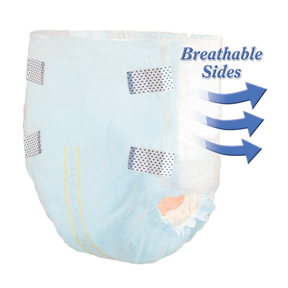 Tranquility SmartCore Disposable Adult Briefs by Tranquility feature four blue fasteners, arrows for breathable sides, light blue design, elastic leg cuffs, a wetness indicator, and reliable incontinence protection for comfort and airflow.