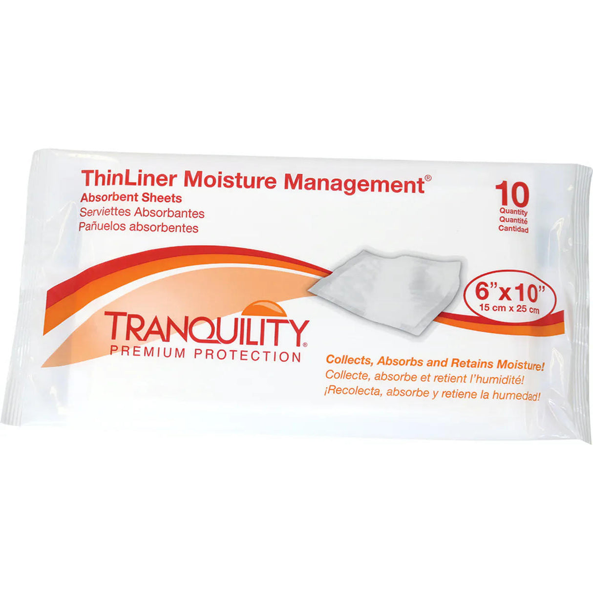 A package of Tranquility ThinLiner Absorbent Sheets by Tranquility features 10 ultra-thin, moisture-wicking, breathable sheets, each 6 x 10 inches (15 x 25 cm), with details in English, French, and Spanish on white and orange packaging.