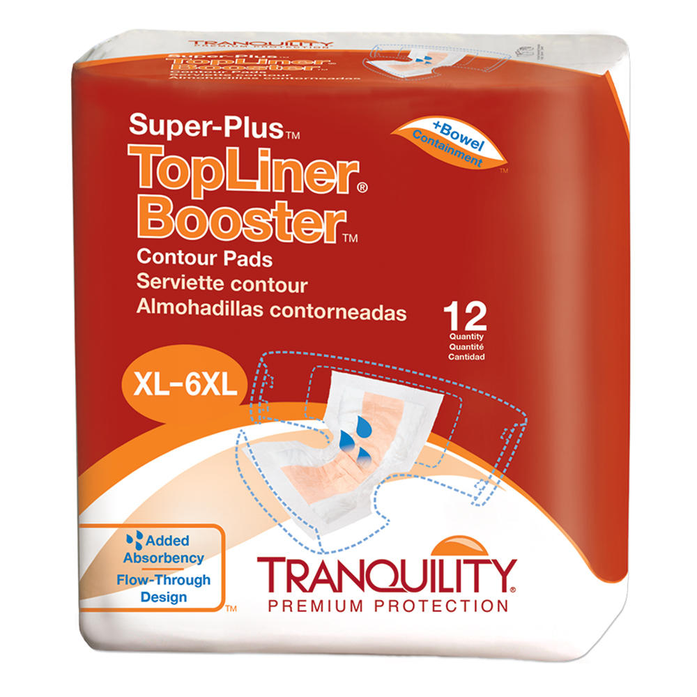 A pack of 12 Tranquility TopLiner Booster Contour Pads by Tranquility, size XL-6XL, offers added absorbency and a flow-through design for premium incontinence protection.