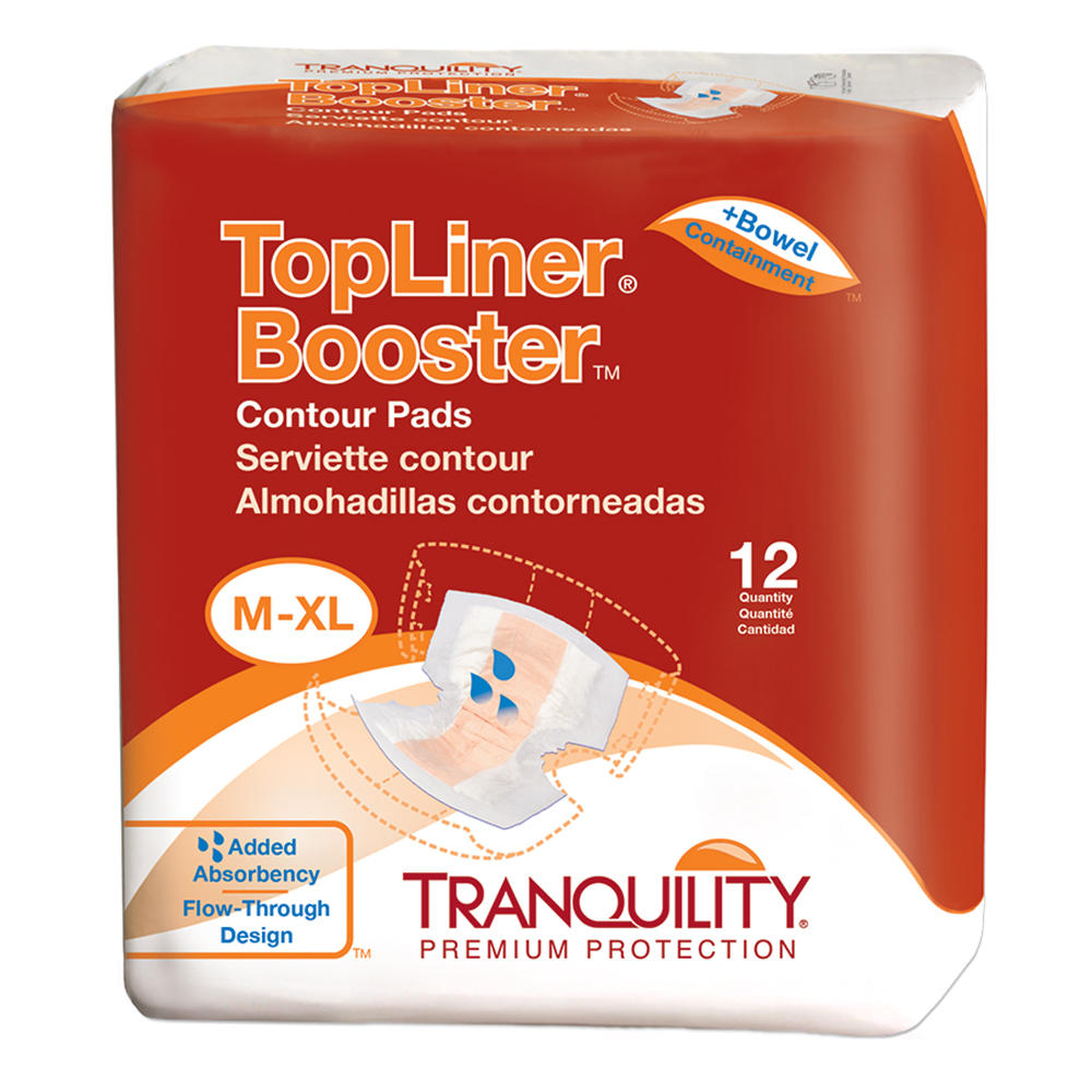 Tranquility TopLiner Booster Contour Pads by Tranquility, size M-XL, offer bowel containment, added absorbency, and flow-through design; each pack contains 12 pads with info in English, French, and Spanish.