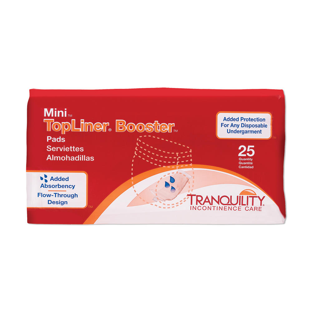 A red and white package labeled Tranquility TopLiner Booster Pads. Contains 25 booster pads with heavy absorbency and a flow-through design for added protection. Brand: Tranquility.