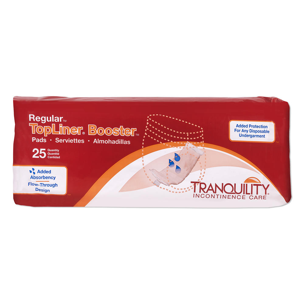 A 25-count pack of Tranquility TopLiner Booster Pads by Tranquility for heavy absorbency, featuring red and white packaging with product details and a liquid absorption illustration.