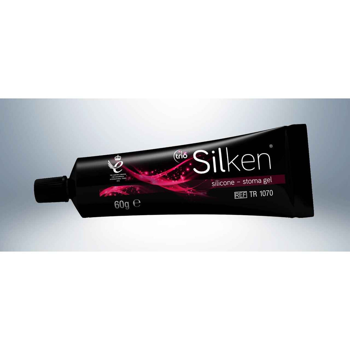 A 60g black tube of Trio Ostomys Trio Silken Silicone Ostomy Stoma Gel, featuring a pink design, rests on a gradient white-to-blue background. This gel is a popular alternative to stoma paste.