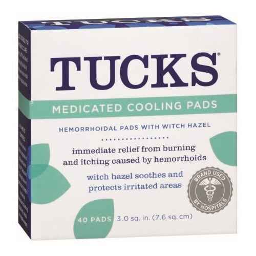 TUCKS Hemorrhoid Medicated Cooling Pads by TUCKS come in a white box with green and blue accents. Each box contains 40 pads with witch hazel for gentle, soothing relief of hemorrhoidal irritation.