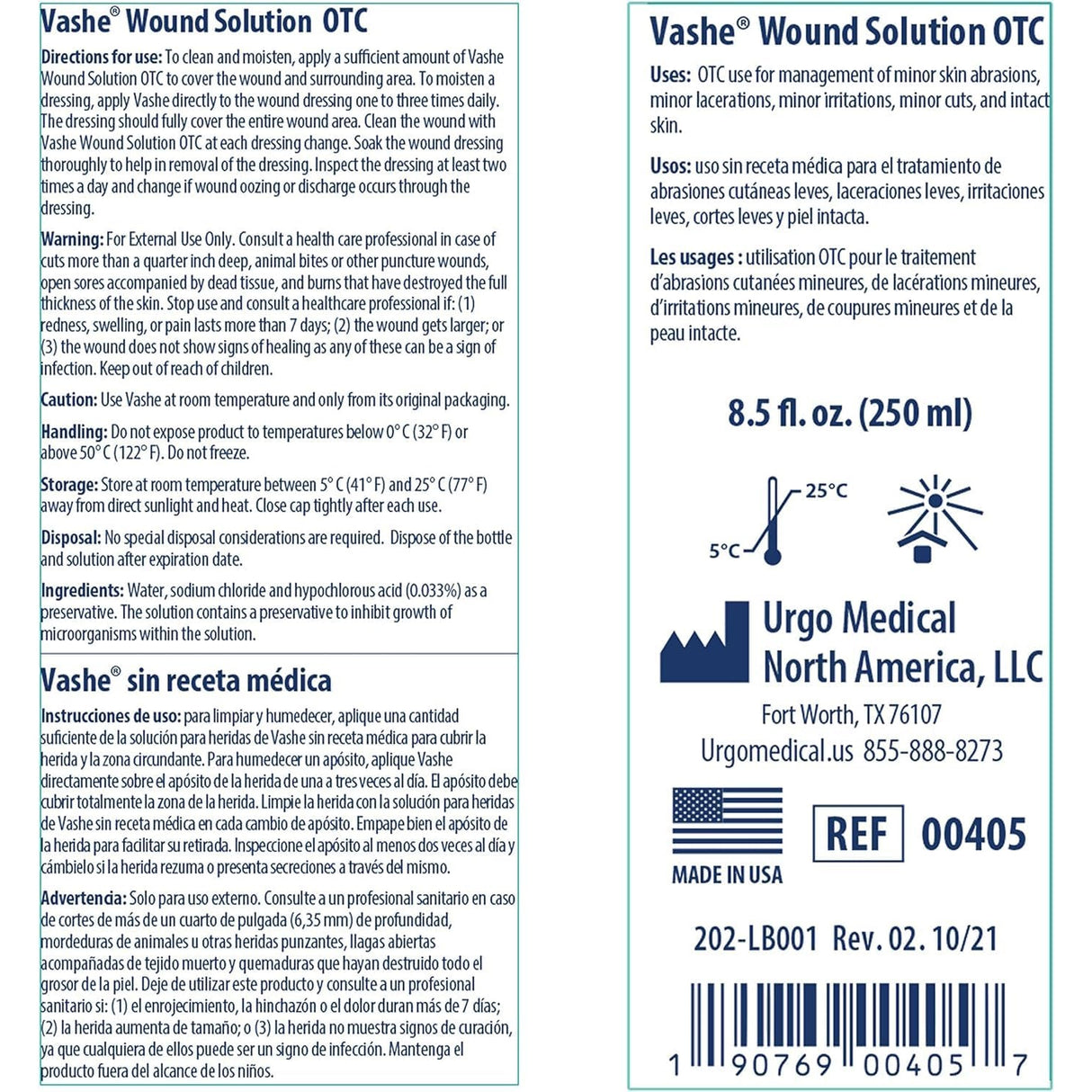 Front and back labels of Vashe Wound Cleanser, URGO Medical, bottle with hypochlorous acid show directions, warnings, storage instructions, and manufacturer info. Blue water droplet above 8.5 fl. oz. (250 mL). Text in English, Spanish, and French.