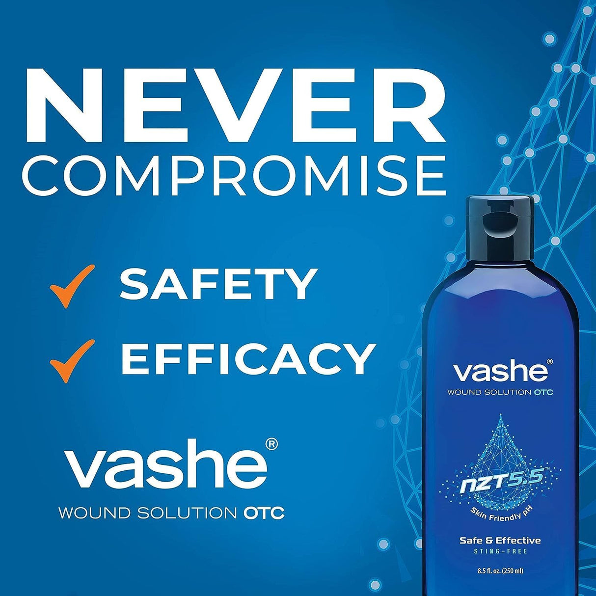 The Vashe Wound Cleanser by URGO Medical features a bottle labeled NEVER COMPROMISE. SAFETY. EFFICACY. with orange check marks, highlighting this hypochlorous acid irrigant as Safe, Effective, and Sting-Free.