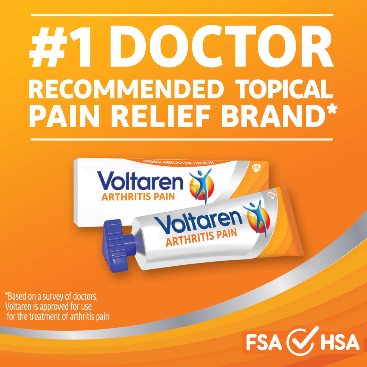 Image displays two Voltaren Topical Arthritis Pain Relief Gel tubes on an orange backdrop, emphasizing it as the #1 doctor-recommended topical NSAID for arthritis pain relief. FSA/HSA symbols are shown at the bottom right, with survey info in small print.