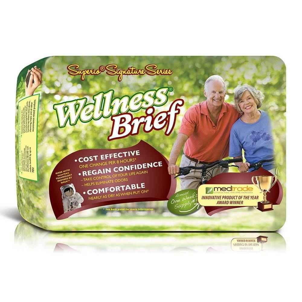 Wellness Brief Superio Adult Diapers by Wellness feature smiling seniors with a bicycle on the pack, highlighting protection for bowel incontinence, comfort, confidence, and cost effectiveness on the front.