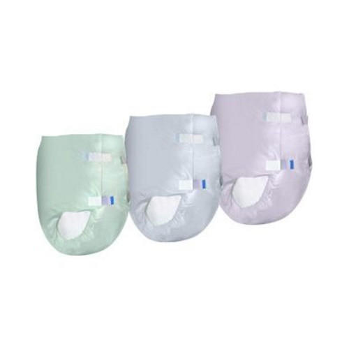 Three Wellness Original Adult Briefs by Wellness, inspired by NASA, are shown in pastel green, blue, and purple. Each has white fasteners and visible absorbent padding at the leg openings, displayed against a plain background.