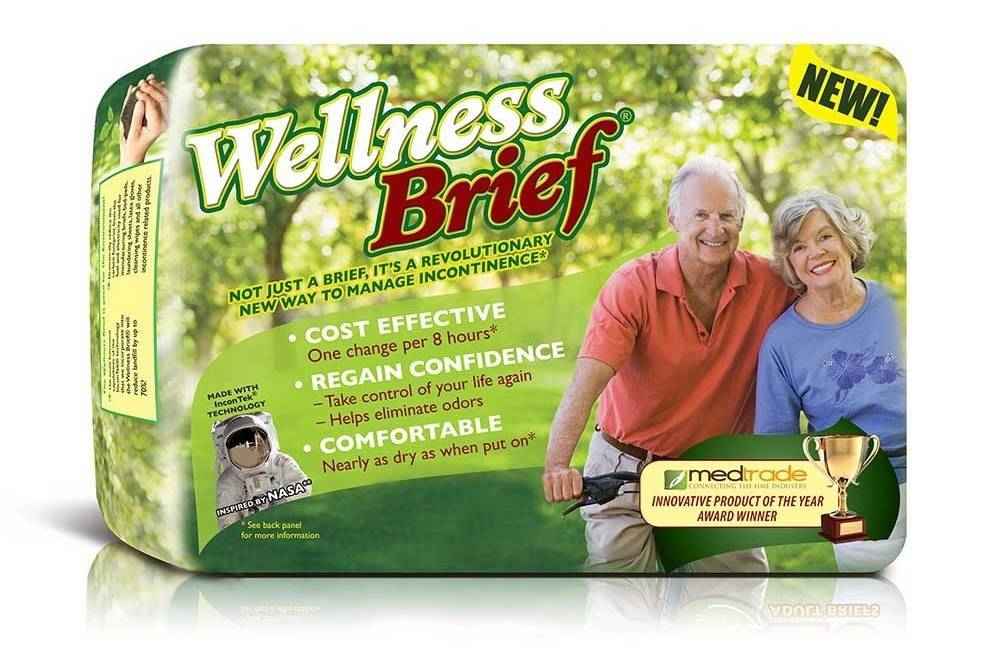 Packaging for Wellness Original Adult Briefs by Wellness shows a smiling older man and woman outdoors, with text emphasizing cost-effectiveness, comfort, and confidence. The package features a Medtrade award badge and a “NEW!” label.