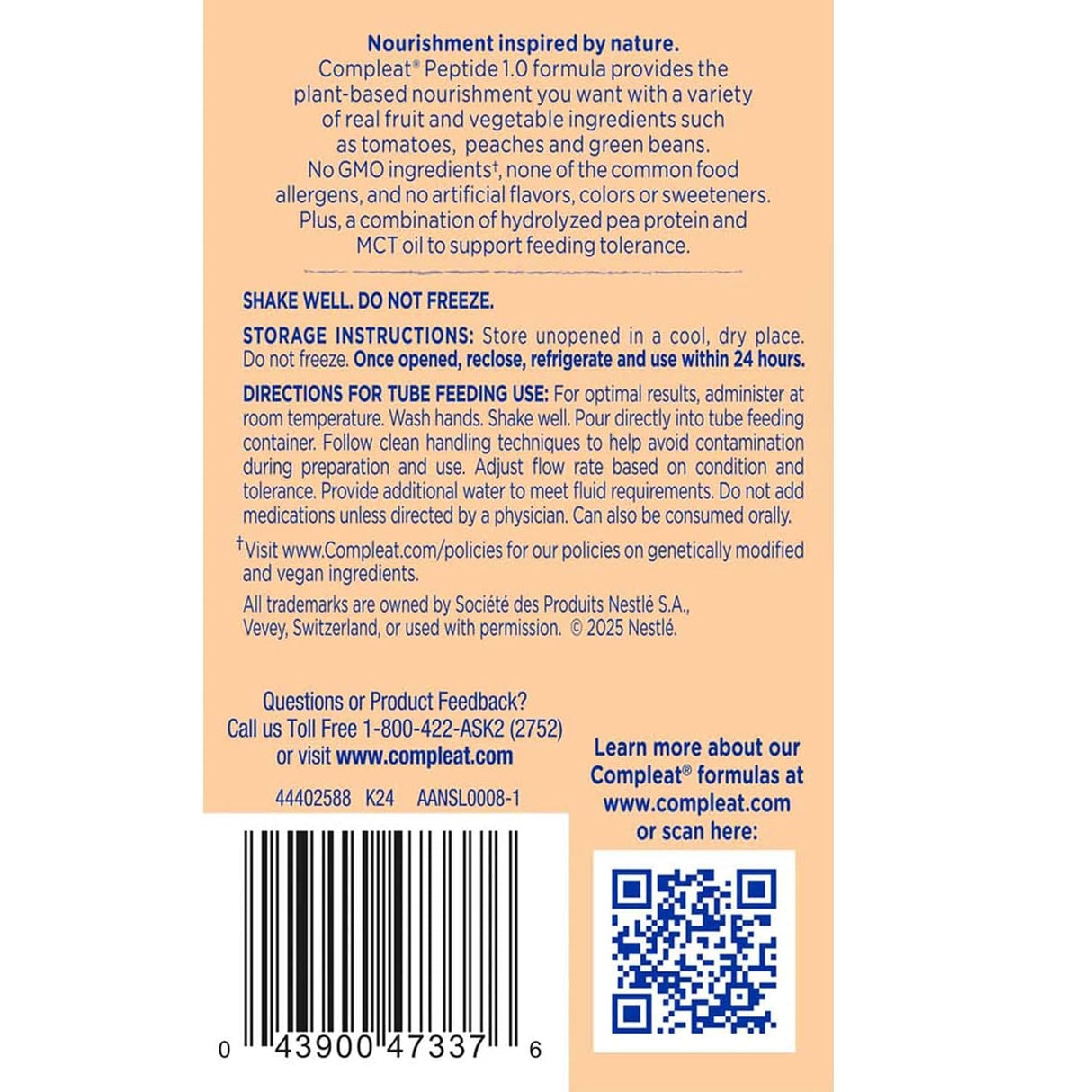 Compleat Peptide Tube Feeding Formula, Plant Based, Vegetable Fruit Medley, 250 mL