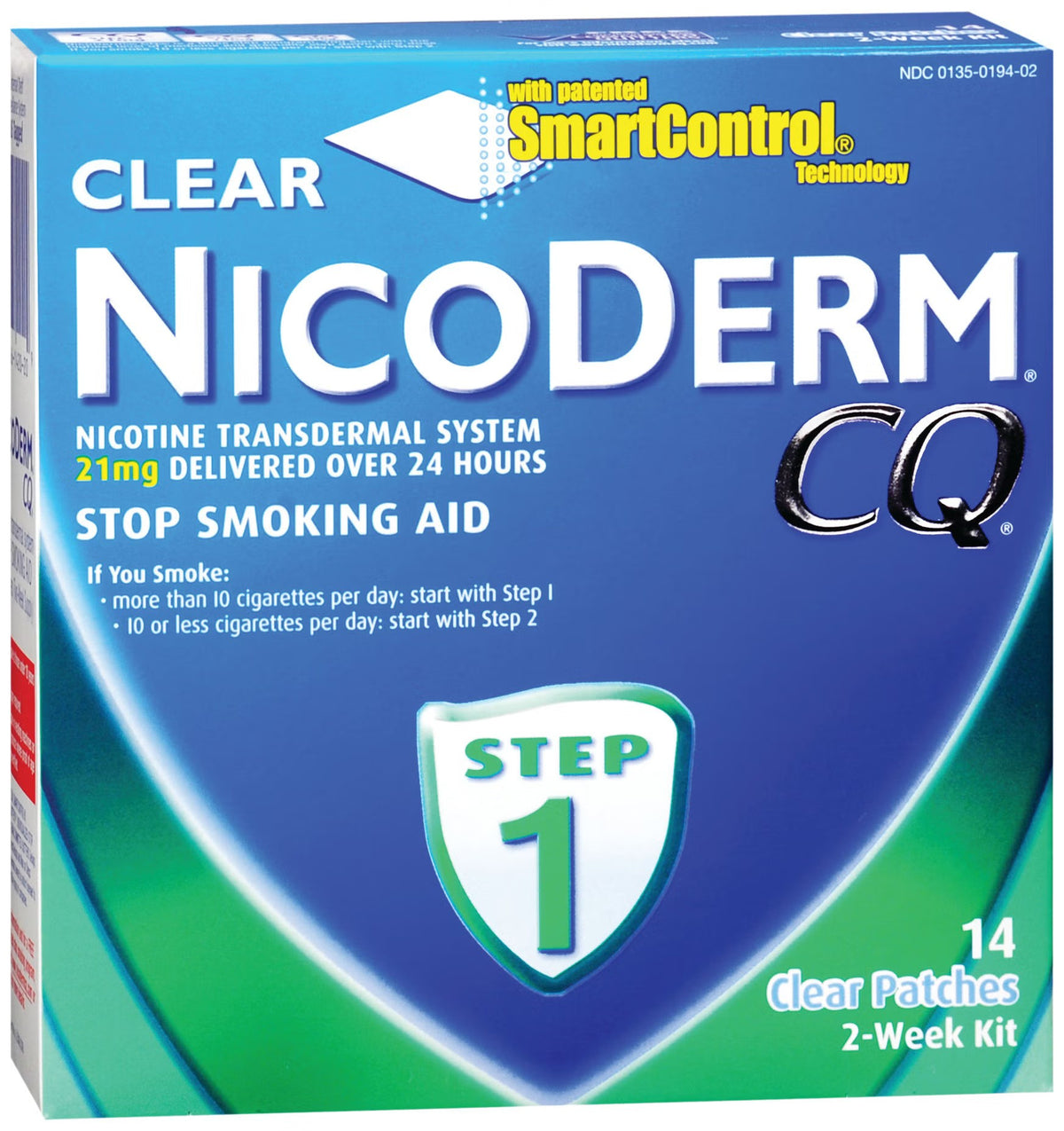 NicoDerm CQ Step 1 Stop Smoking Aid Clear Nicotine Patch, 21 mg, Transdermal Patch - 00135019402 - LL Medico