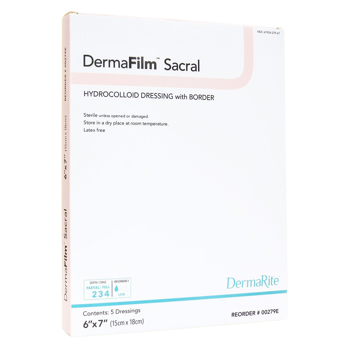 DermaFilm Hydrocolloid Dressing, Sacral With Border, 6 x 7", Tan, Sterile, Film Backing - 00279E-Single - LL Medico