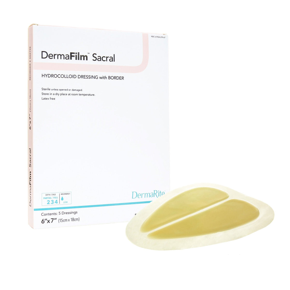 DermaFilm Hydrocolloid Dressing, Sacral With Border, 6 x 7", Tan, Sterile, Film Backing - 00279E-Single - LL Medico