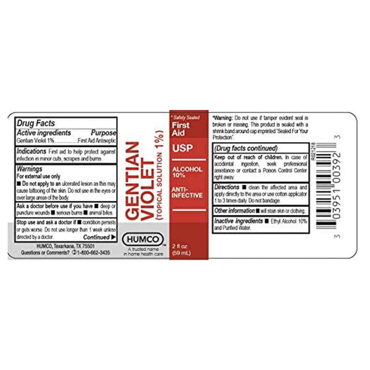 Humco Gentian Violet First Aid Antibiotic, 1% Topical Liquid, 2 oz Bottle - 00395100392 - LL Medico