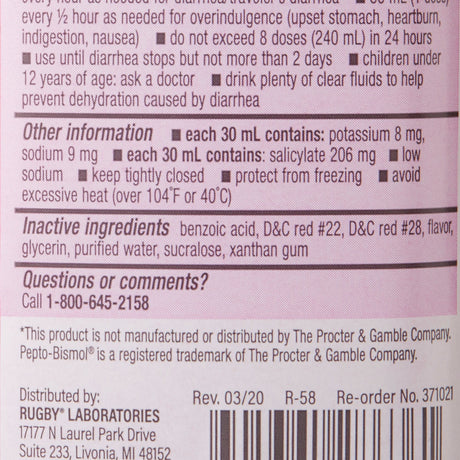Rugby Bismuth Subsalicylate Anti-Diarrheal, 525 mg, Oral Suspension, 8 oz - 00536128636 - LL Medico