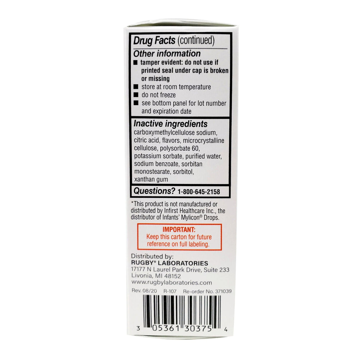 Rugby Infant Gas Relief Oral Drops, Simethicone 40 mg / 0.6 mL, 1 oz - 00536130375 - LL Medico