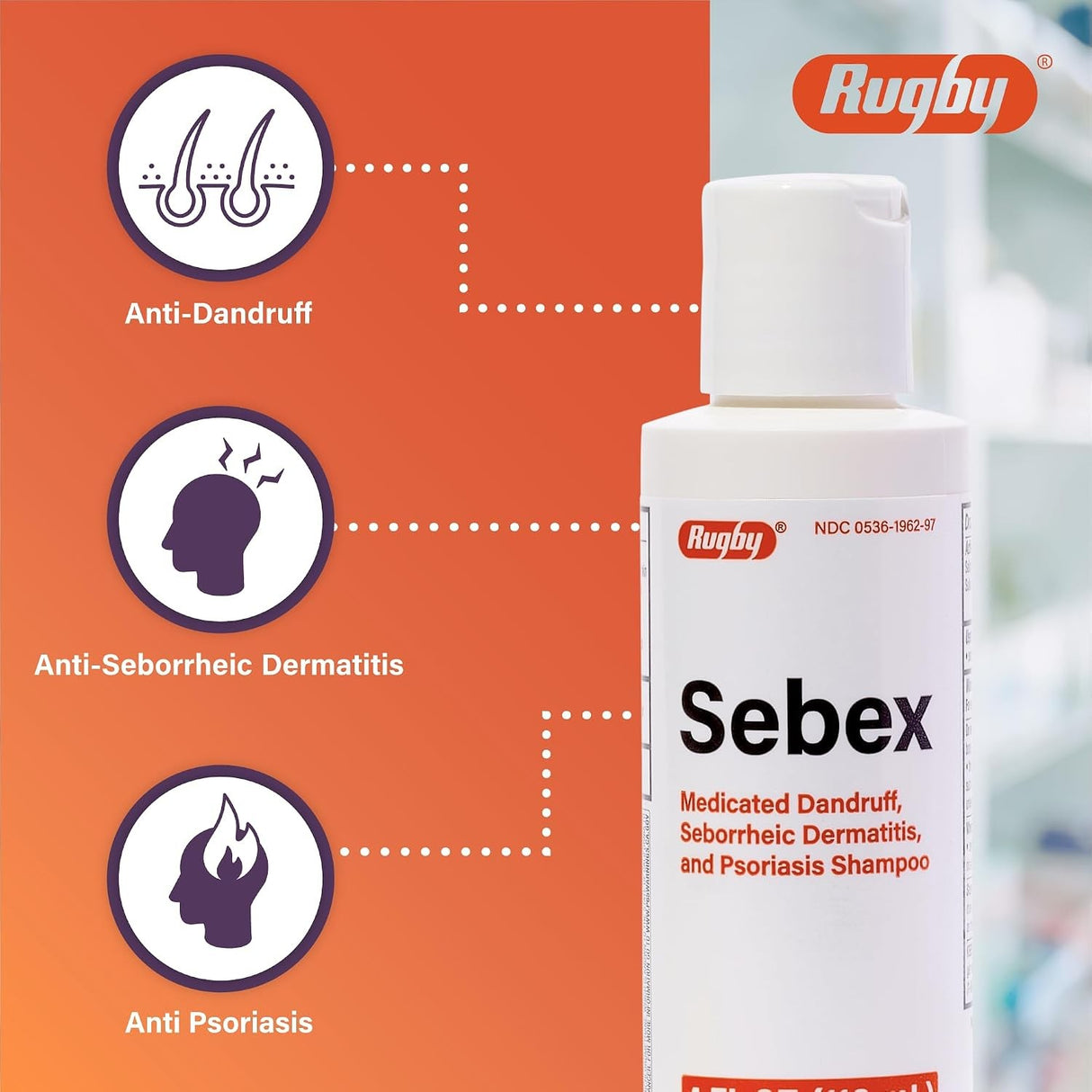 Rugby Sebex Medicated Dandruff, Seborrheic Dermatitis & Psoriasis Shampoo, Unscented, 4 fl oz